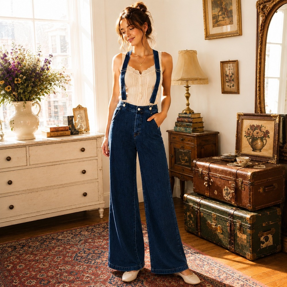 High-Rise Wide Leg Denim Overalls - Dark Blue (Read)
